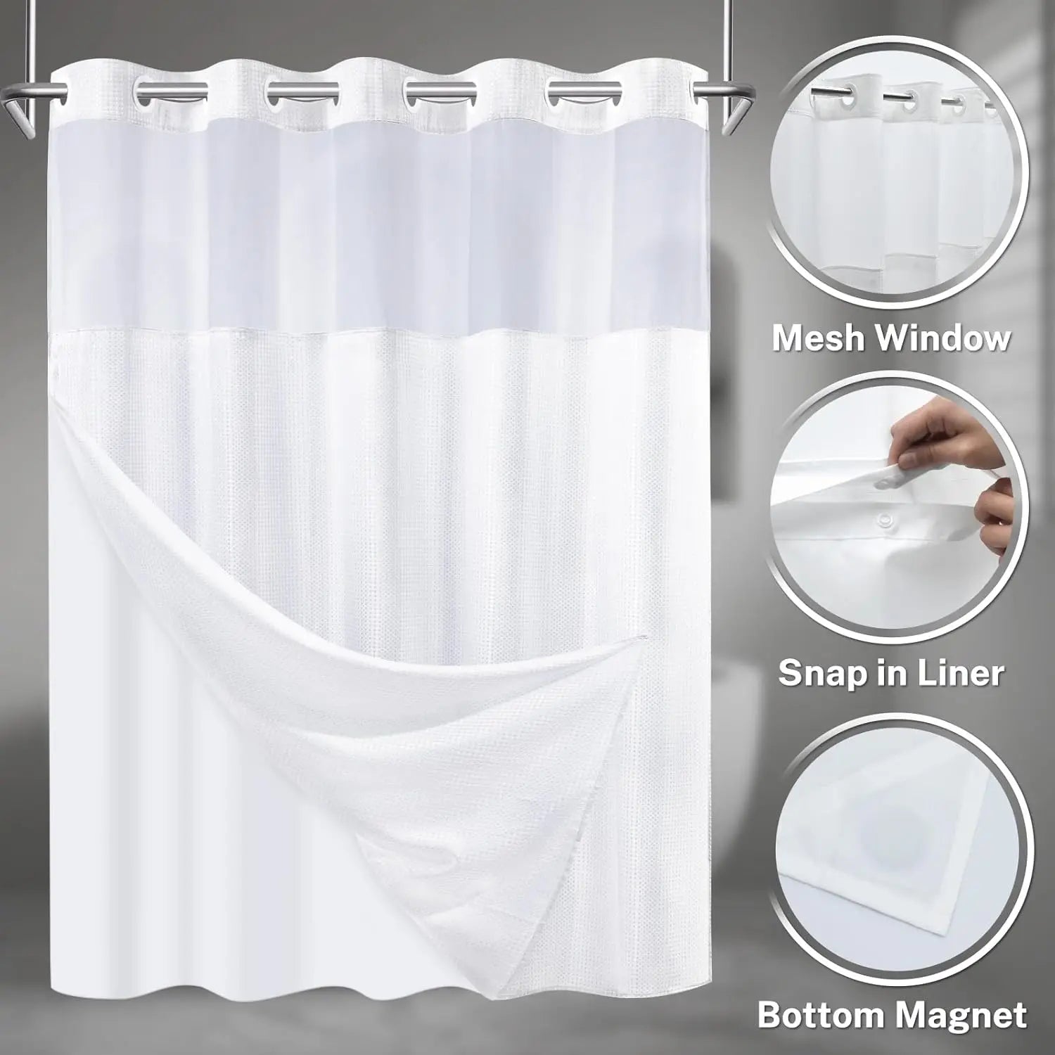 White Waffle Striped Shower Curtain with Snap-In Liner Set