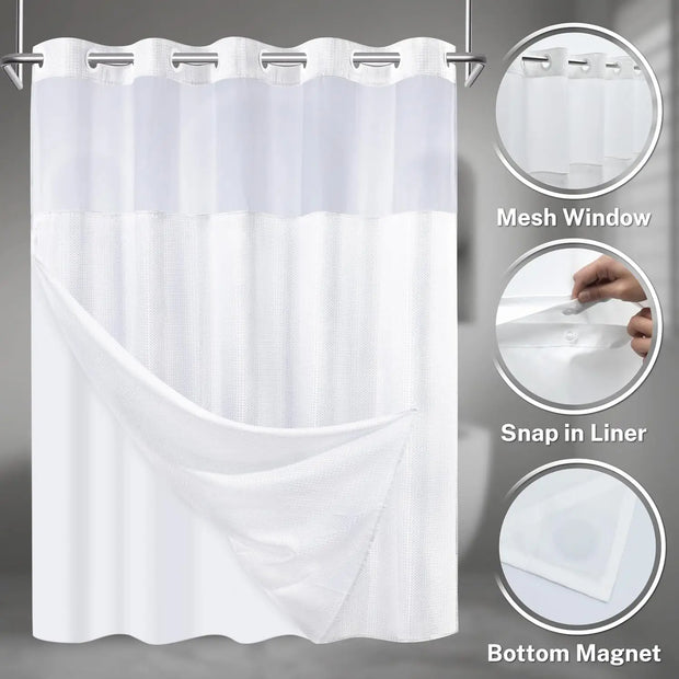 White Waffle Striped Shower Curtain with Snap-In Liner Set